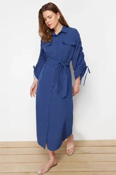 Trendyol Saks Belted Cotton Woven Shirt Dress with Adjustable Sleeves Detail