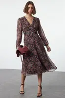 Trendyol Brown Floral Belted A-Line Midi Double Breasted Collar Patterned Chiffon Woven Dress