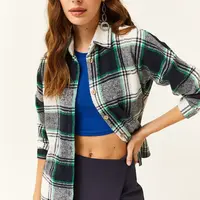 Olalook Women's Ecru Green Plaid Lumberjack Shirt
