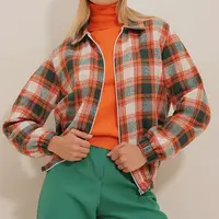 Trend Alaçatı Stili Dámské Oranžová Vzorované Zip Elastický Pas Sezónní Bomber Jacket