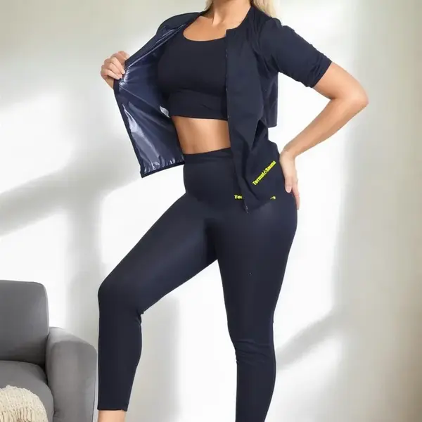 54521 Dewberry Fat Burning Zippered Thermal Tights Set-BLACK