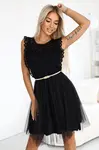 454-5 GRETA lace dress with tulle skirt and gold belt - black