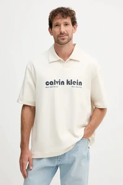 Polo tričko Calvin Klein Jeans pánské, béžová barva, s potiskem, LV04RC243G