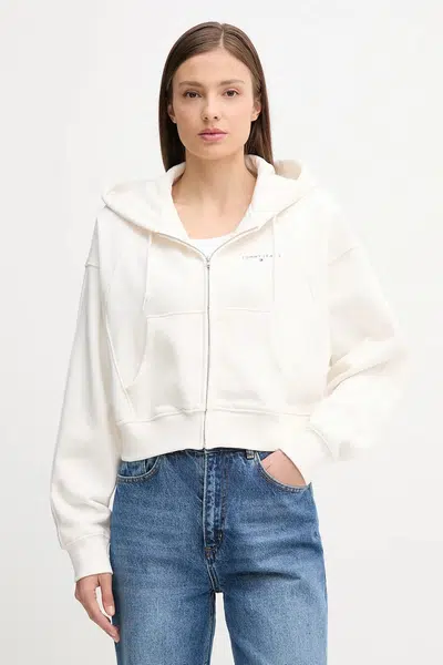 Mikina Tommy Jeans dámská, béžová barva, s kapucí, hladká, DW0DW21163