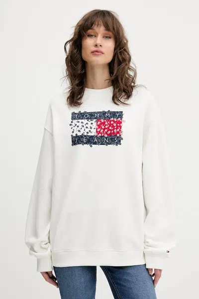 Bavlněná mikina Tommy Jeans dámská, bílá barva, vzorovaná, DW0DW20933