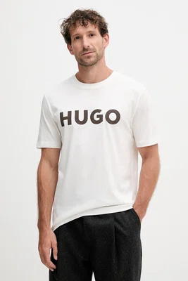 Bavlněné tričko HUGO pánské, béžová barva, s aplikací, 50542737