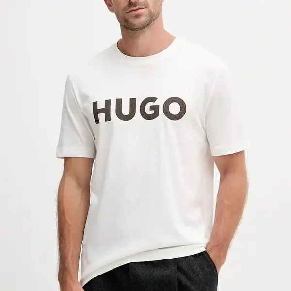 Bavlněné tričko HUGO Dulivio_U253 pánské, béžová barva, s aplikací, 50542737