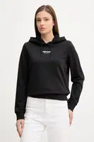 Bavlněná mikina Tommy Jeans dámská, černá barva, s kapucí, s potiskem, DW0DW20943