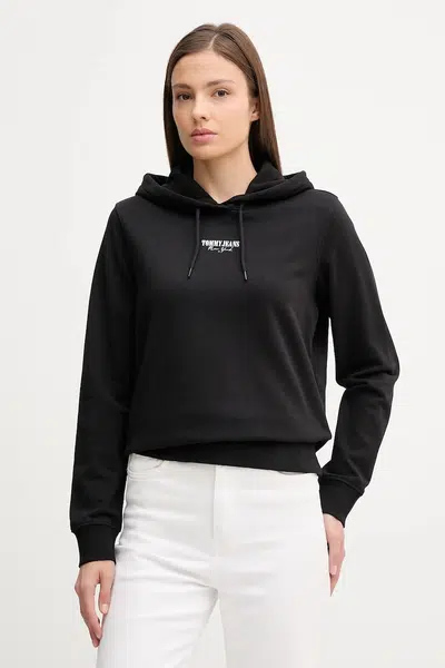 Bavlněná mikina Tommy Jeans dámská, černá barva, s kapucí, s potiskem, DW0DW20943