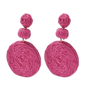 Flat Round Alloy Raffia Dangle Stud Earrings