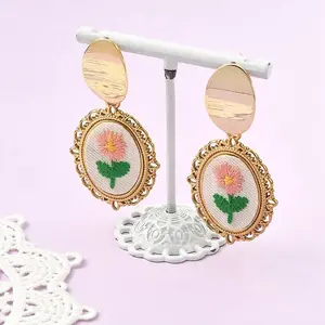 304 Stainless Steel & Cloth Embroidery Stud Dangle Earrings