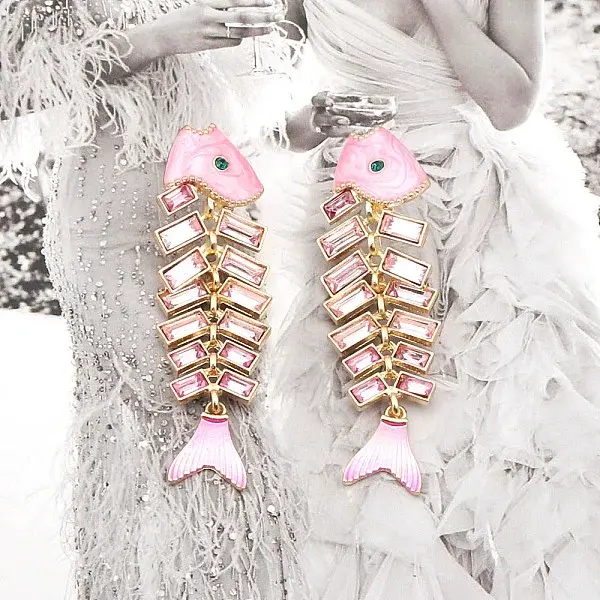 Alloy Rhinestone Fishbone Dangle Stud Earrings