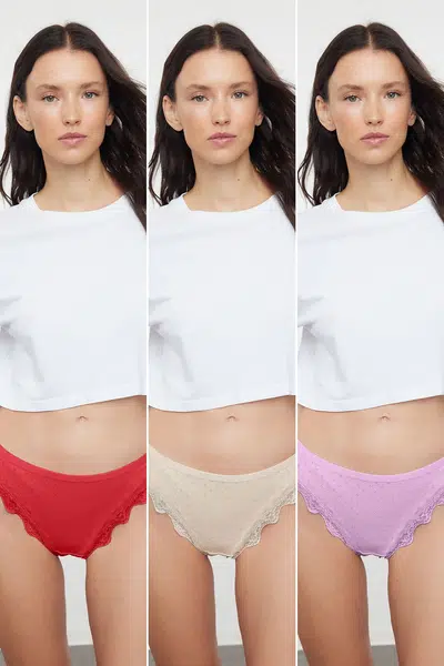 Trendyol Red-Multicolored 3-Pack Cotton Thong Knitted Panties
