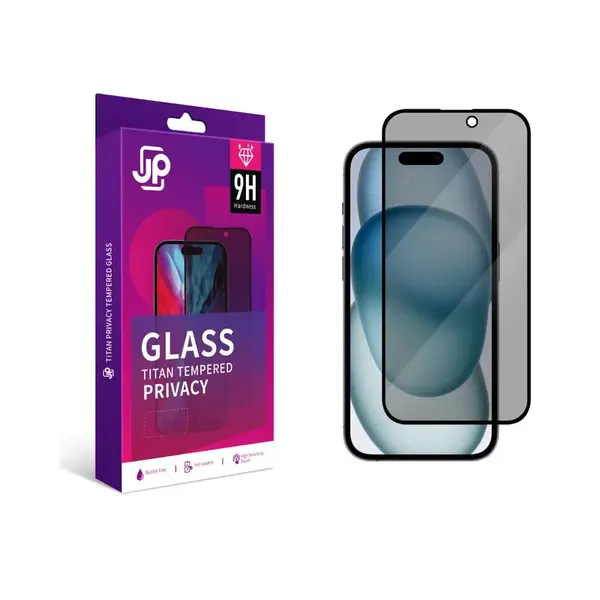 JP Titan Privacy extra odolné tvrzené sklo, iPhone 15 Plus / 16 Plus, černé