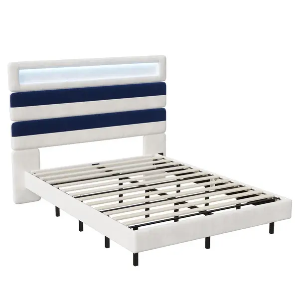ČALOUNĚNÁ postel 140x190 cm, bílá/modrá, LED osvětlení a USB