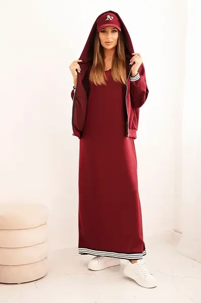 Kesi Włoski Dámský komplet s viskózou s rozepínací mikinou a dlouhou sukní bordová