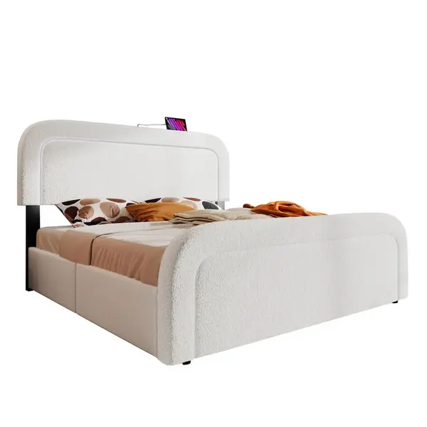 STILVORA ČALOUNĚNÁ POSTEL 160 × 200 cm, bílá, 4 zásuvky, LED, USB a Type-C