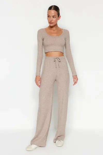 Trendyol Beige Soft Crop and Wide Leg Knitted Top and Bottom Set
