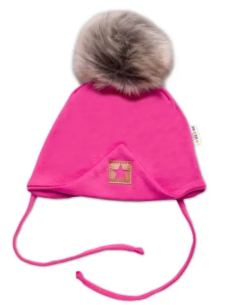 Baby Nellys Zimní,podzimní bavlněná dvouvrstvá čepice s bambulí Star, růžová