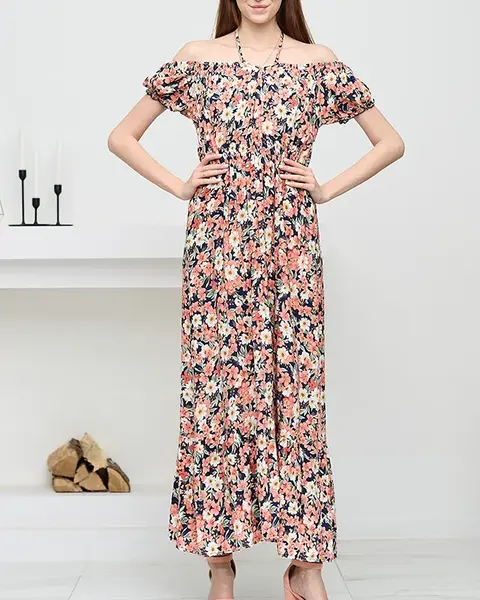 Resti Long navy blue women's dress with coral flowers - Clothing