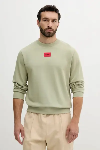 Bavlněná mikina HUGO pánská, zelená barva, s aplikací, 50447964