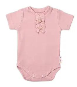 Baby Nellys Kojenecké žebrované body s knoflíčky kr. rukáv, Girl - pudrové, vel. 86