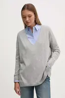 Svetr z vlněné směsi Pepe Jeans ISELA V-NECK dámský, šedá barva, lehký, PL702220