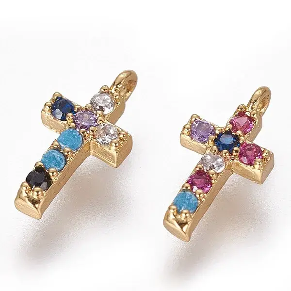 Brass Micro Pave Cubic Zirconia Tiny Cross Charms