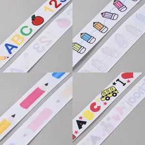 4 Styles Back-to-school Season Polyester Printed Grosgrain Ribbons
