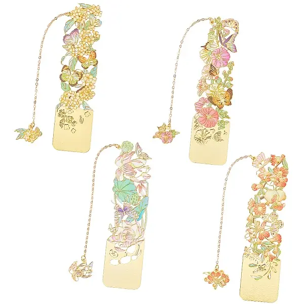 4Pcs 4 Styles Brass & Iron Enamel Bookmarks with Chain