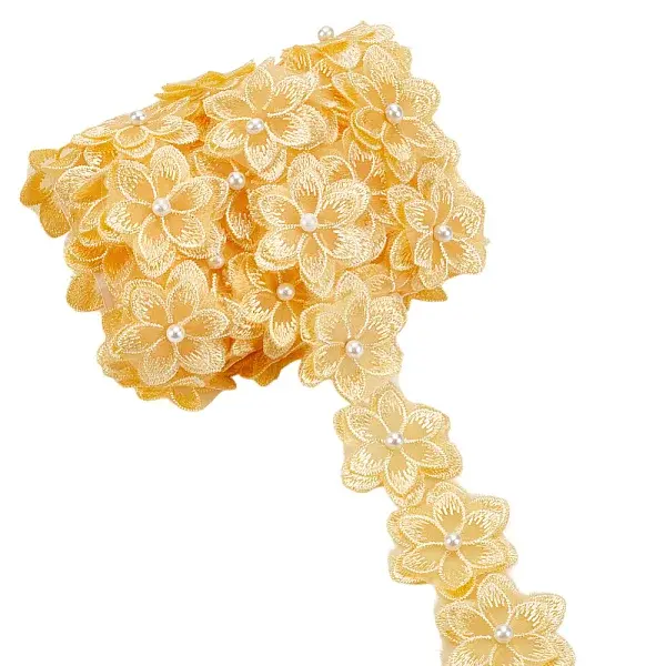 3.8-4 Yards Double Layer Oranganza ABS Beads Flower Lace Trim Ribbon