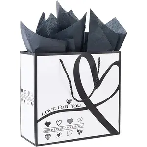 1Pc Black Heart Printed Paper Bags with Handles