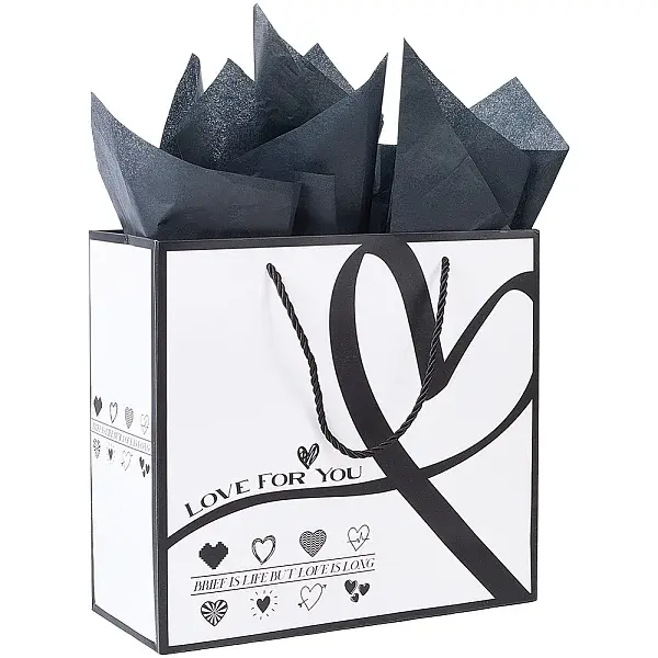 1Pc Black Heart Printed Paper Bags with Handles