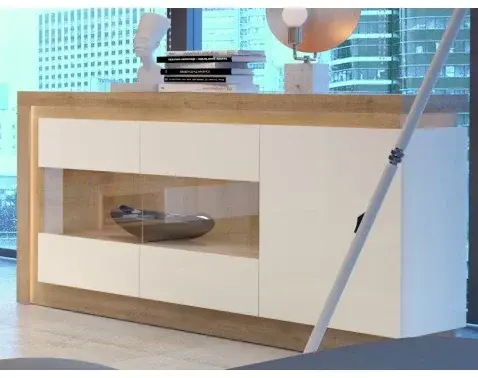 Komoda s presklením Lyon, dub riviéra/biely lesk, s osvetlením%