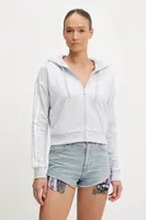 Mikina adidas 3-Stripes dámská, šedá barva, s kapucí, melanžová, JX7648