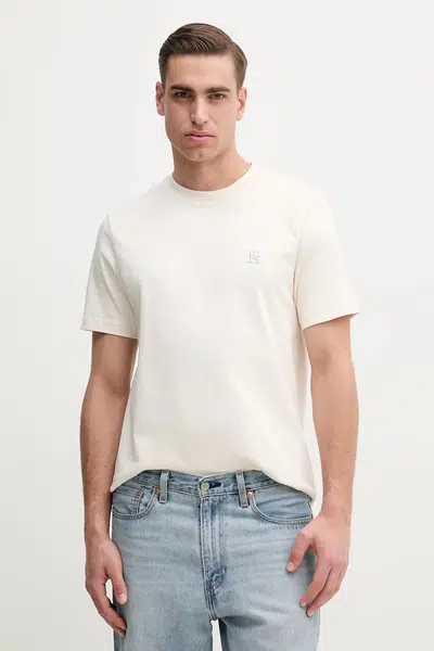 Bavlněné tričko Tommy Hilfiger béžová barva, s aplikací, MW0MW39256