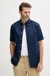 Košile s příměsí lnu Tommy Hilfiger pánská, tmavomodrá barva, regular, s límečkem button-down, MW0MW40703
