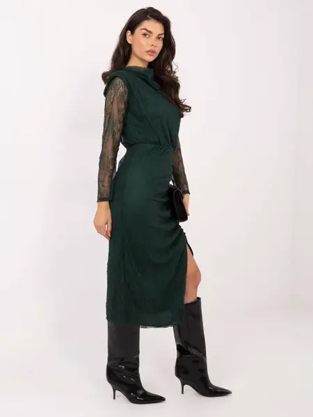 Tmavě zelené midi šaty s krajkovými rukávy