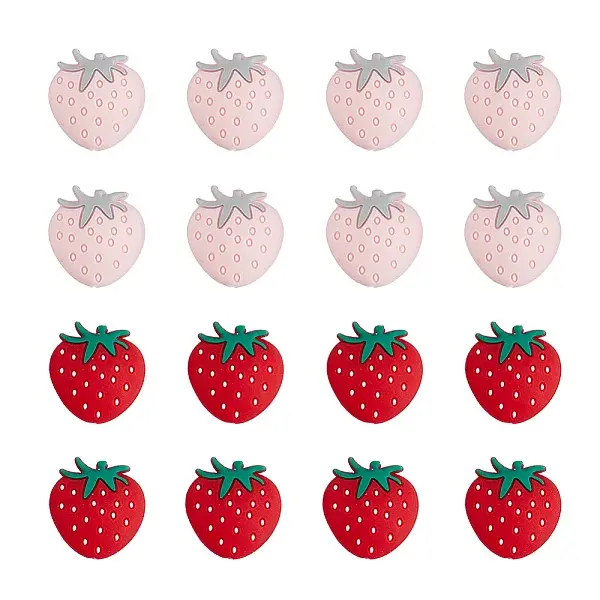 16Pcs 2 Colors Strawberry Food Grade Eco-Friendly Silicone Focal Beads