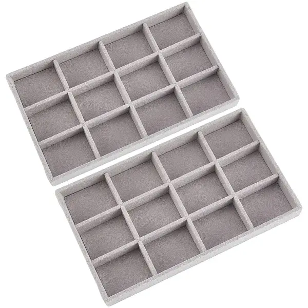 12 Grids Rectangle Wood Covered with Velvet Jewelry Trinket Display Trays