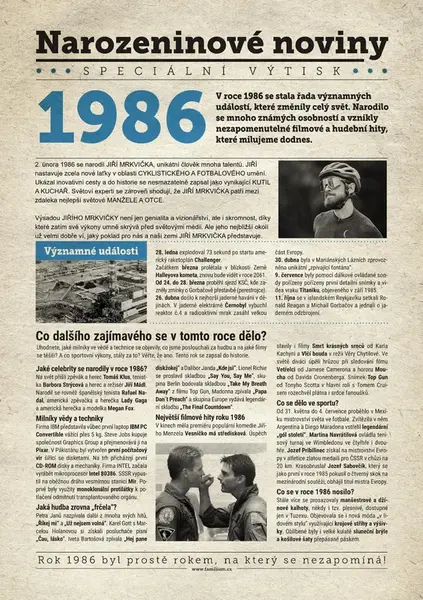Narozeninové noviny 1986 s vlastní fotografií a textem, S textem