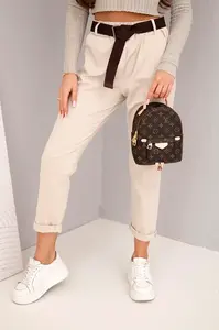 Kesi Włoski Dámske bavlnené nohavice s opaskom a srolovanou nohavicou béžové