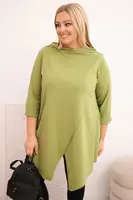 Kesi Dámská bavlněná blůza Plus Size asymetrická s ohrnutým rukávem olivová