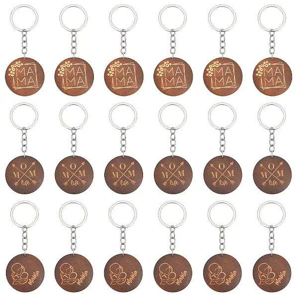 18Pcs 3 Style Flat Round Wood Keychains