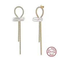 925 Sterling Silver Bowknot Dangle Stud Earrings with Natural Pearl