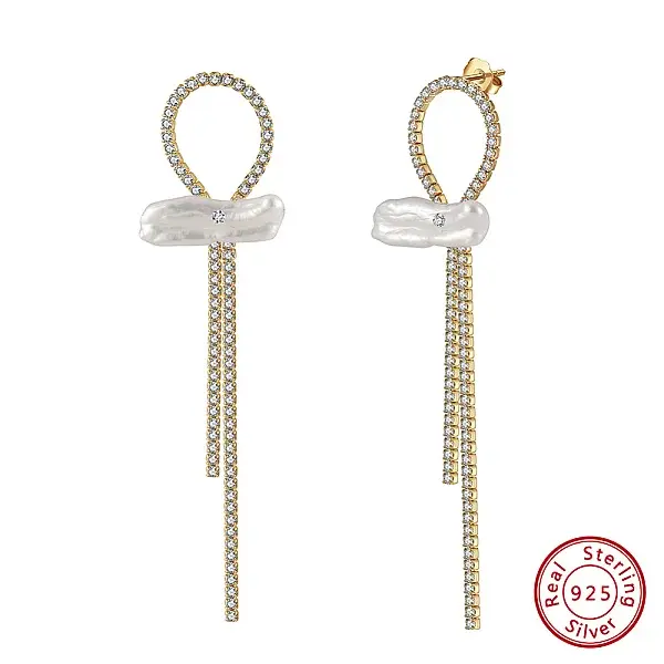 925 Sterling Silver Bowknot Dangle Stud Earrings with Natural Pearl