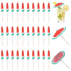 2 Bags Watermelon Pattern Umbrella Bamboo & PET Plastic Toothpick Decorations