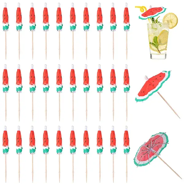 2 Bags Watermelon Pattern Umbrella Bamboo & PET Plastic Toothpick Decorations