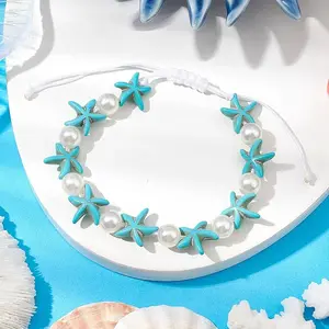 Starfish Synthetic Turquoise & Acrylic Pearl Braided Bead Bracelets for Women