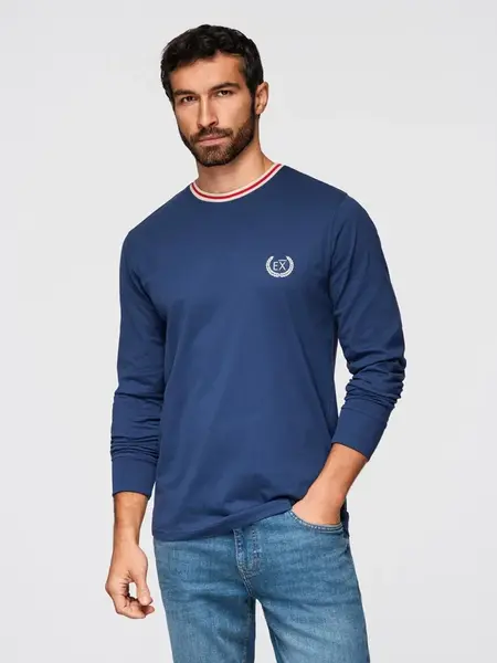 Ombre Men's cotton longsleeve with striped U neckline and embroidery - dark blue